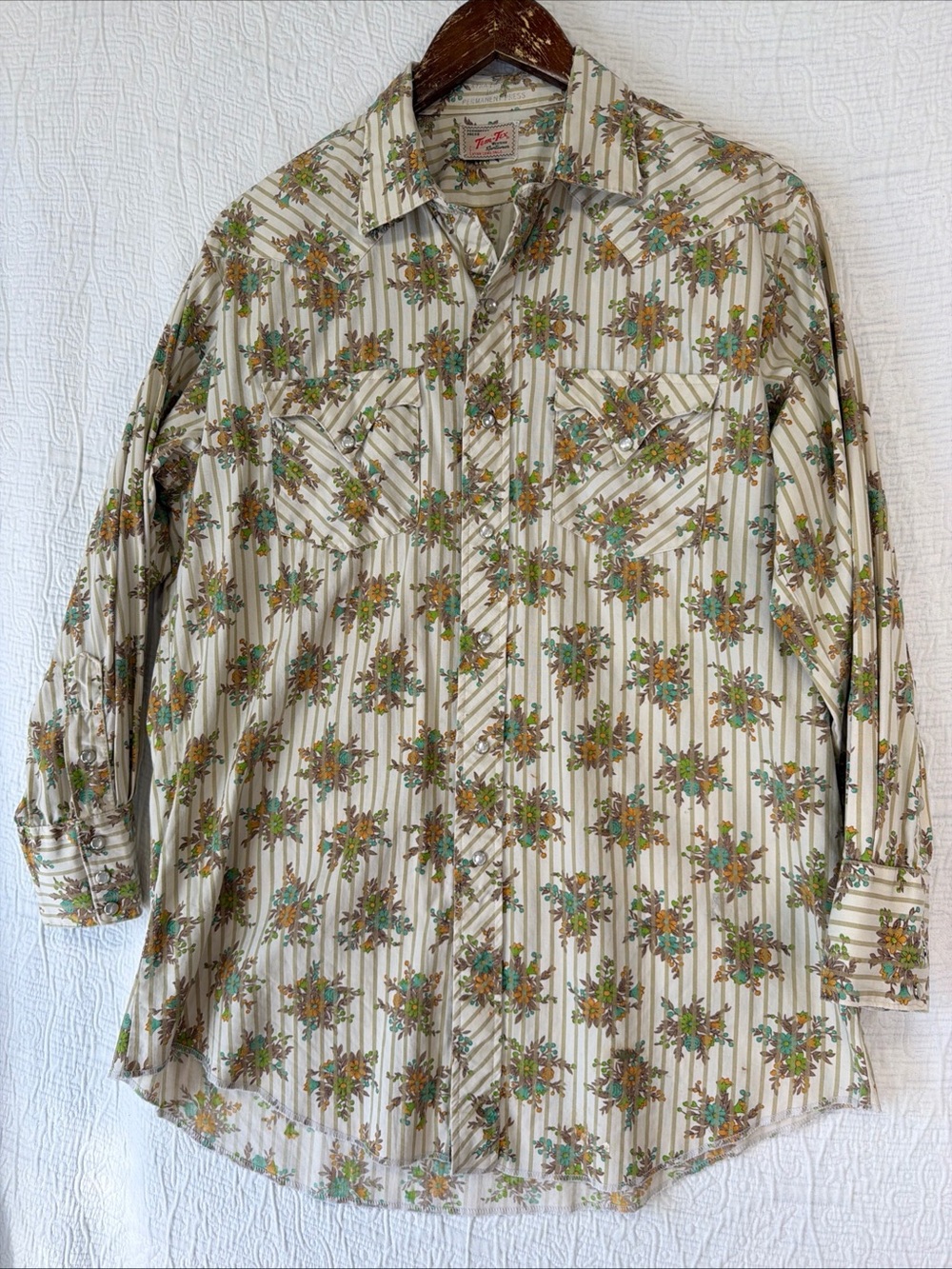 True Vintage Tem Tex Western Pearl Snap Shirt Mens 16.5 Long Tail Floral Stripes